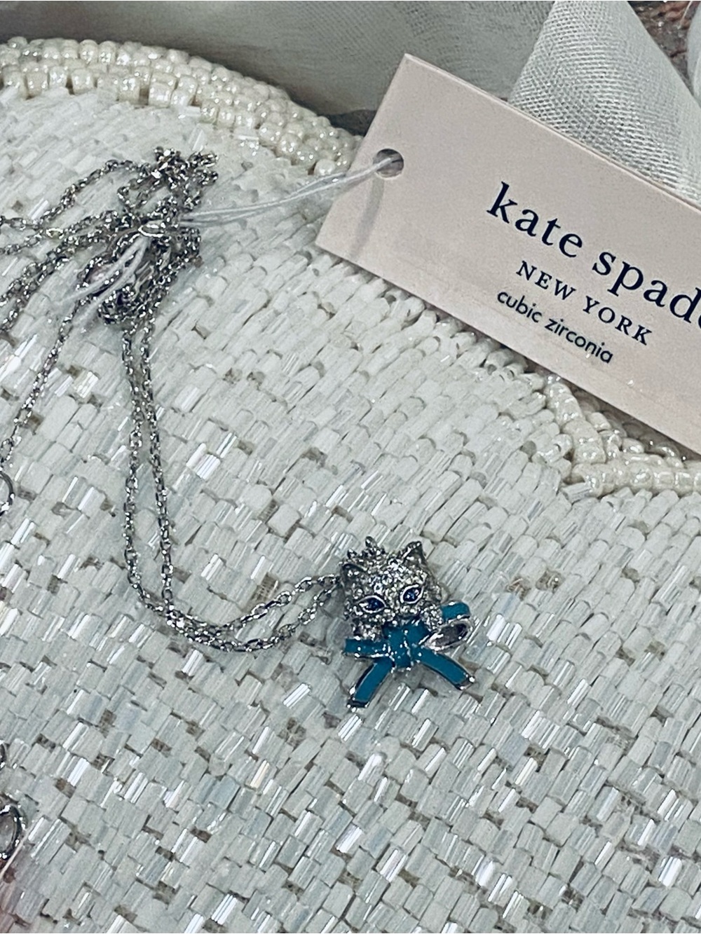 Kate Spade Silver Cat Pendant Necklace faceted pave cubic zirconia pendant NWT